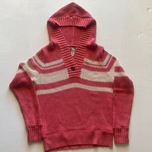 Lucky Brand Pink and Cream Hooded V-Neck Sweater 100% Cotton nautical sporty